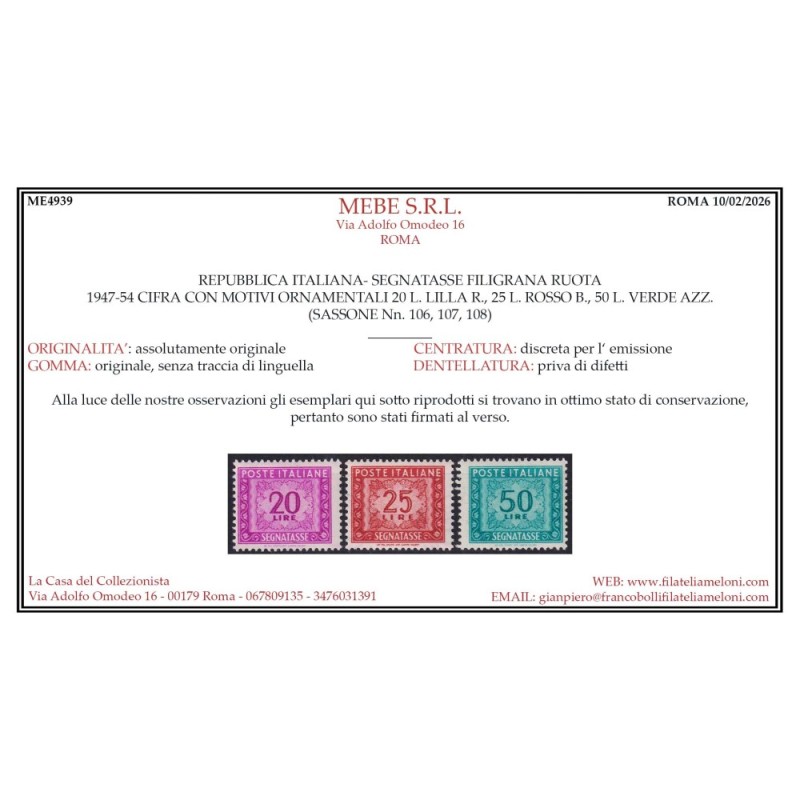 REPUBBLICA 1947-54 SEGNATASSE RUOTA 14 VALORI G.I MNH** CERT.  | Fi...