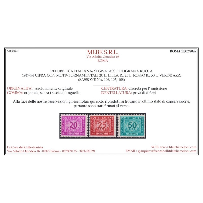 REPUBBLICA 1947-54 SEGNATASSE RUOTA 14 VALORI G.I MNH** CERT.  | Fi...