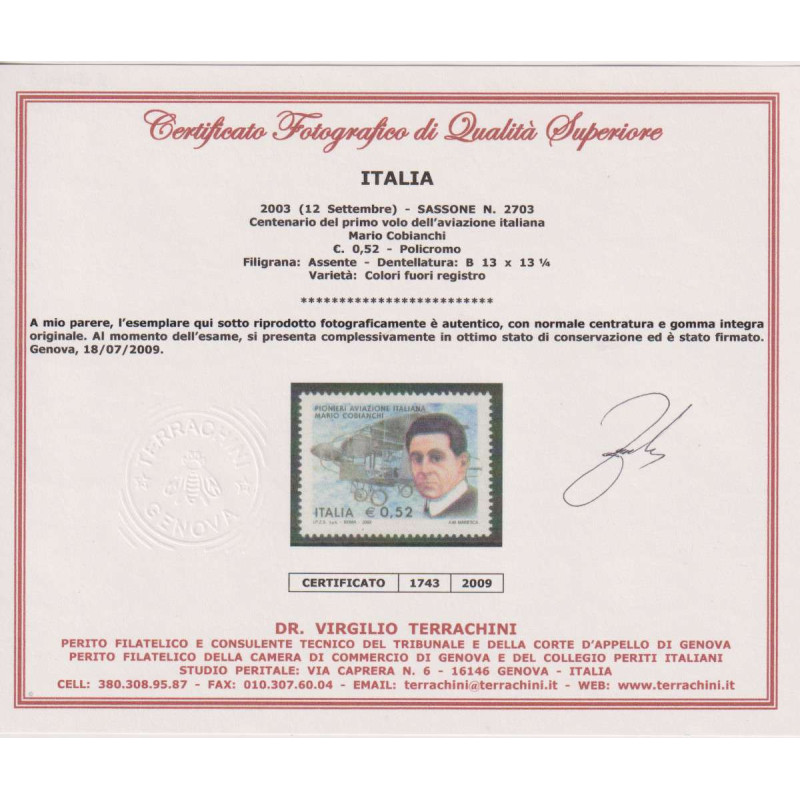 REPUBBLICA 2003 CENTENARIO COBIANCHI 0,52 € VARIETA' G.I MNH** CERT...