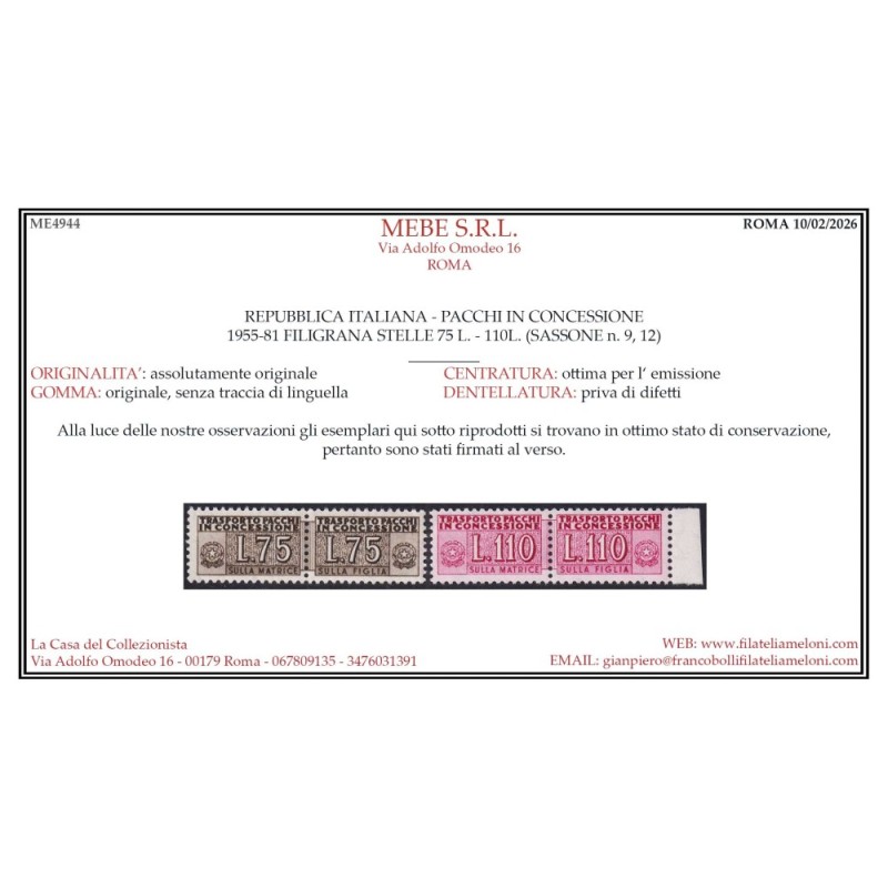 REPUBBLICA 1955-81 PACCHI IN CONCESSIONE STELLE 4 V. G.I MNH** CERT...