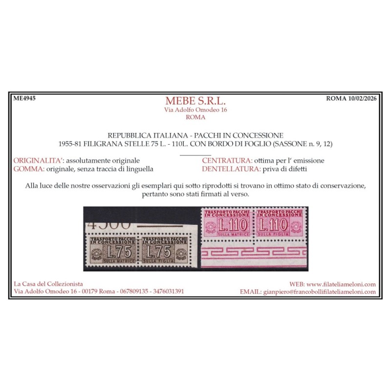 REPUBBLICA 1955-81 PACCHI IN CONCESSIONE STELLE 4 V. G.I MNH** CERT...