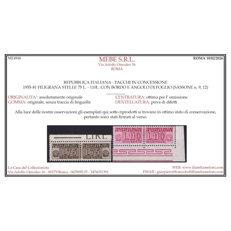 REPUBBLICA 1955-81 PACCHI IN CONCESSIONE STELLE 4 V. G.I MNH** CERT...