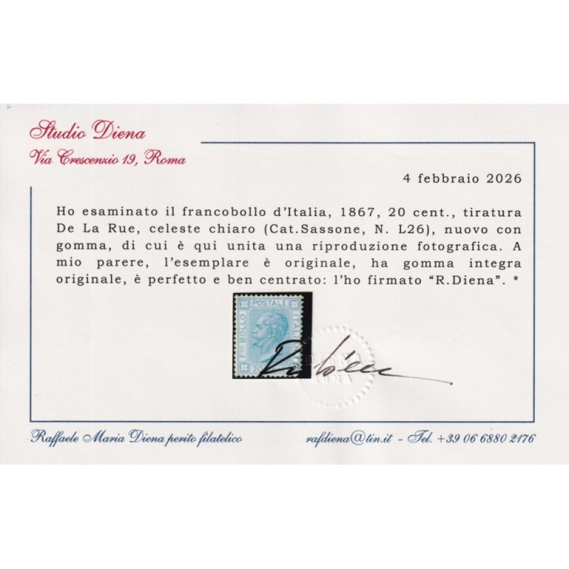 REGNO D'ITALIA 1867 20 CENTESIMI N.L26 G.I MNH** CERT.  | Filatelia...