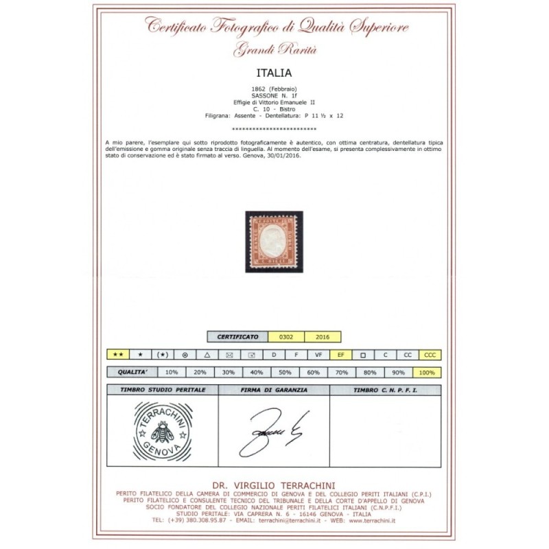 REGNO D'ITALIA 1862 10 CENTESIMI BISTRO N.1f G.I MNH** CERT.  | Fil...