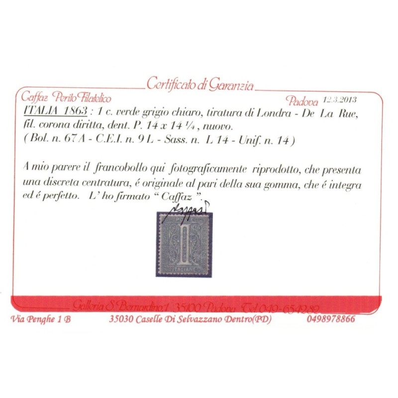 REGNO D'ITALIA 1863-65 1 CENTESIMO LONDRA DE LA RUE N.L14 G.I MNH**...