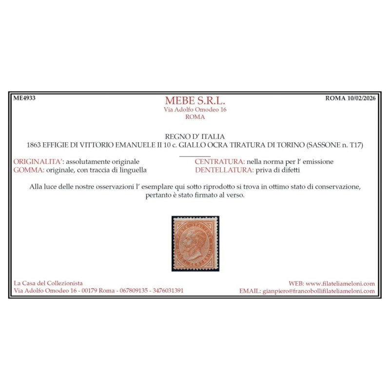 REGNO D'ITALIA 1863-65 10 CENTESIMI TORINO N.T17 G.O MLH* 2 CERT.  ...
