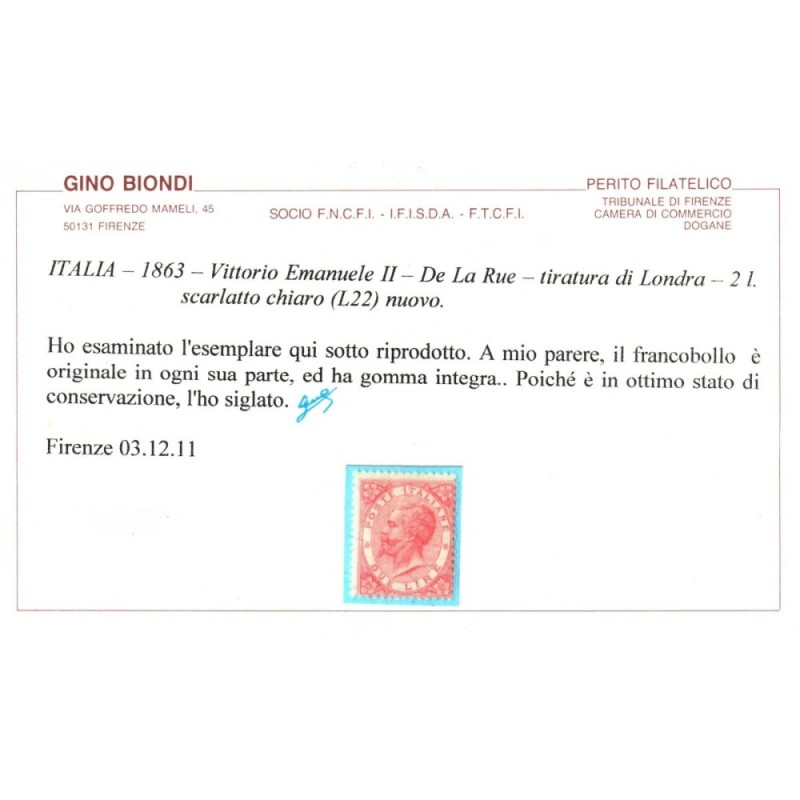 REGNO D'ITALIA 1863-65 2 LIRE LONDRA DE LA RUE N.L22 G.I MNH** CERT...
