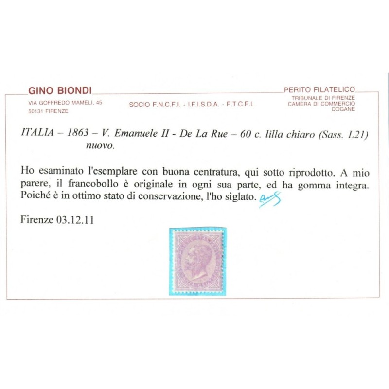 REGNO D'ITALIA 1863-65 60 CENTESIMI LONDRA DE LA RUE N.L21 G.I MNH*...