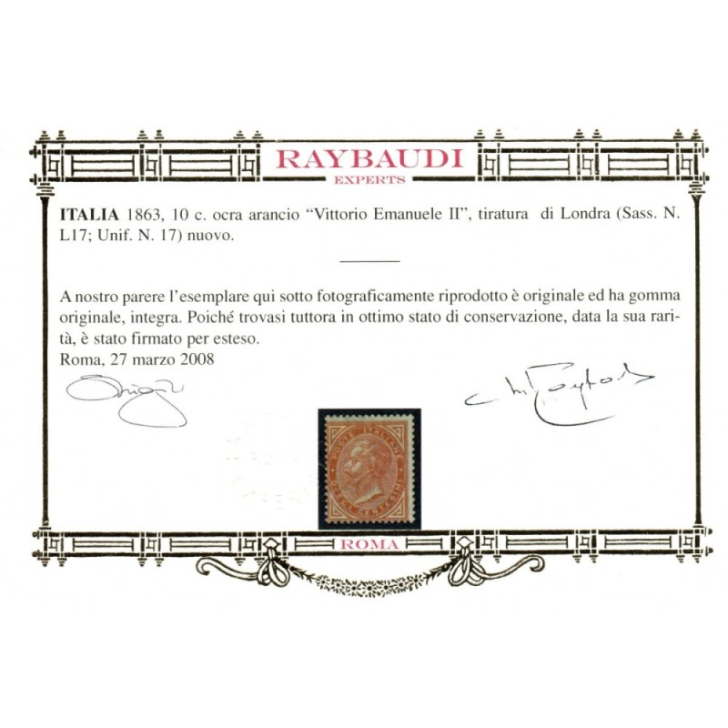 REGNO D'ITALIA 1863-65 10 CENTESIMI DE LA RUE LONDRA N.L17 G.I MNH*...