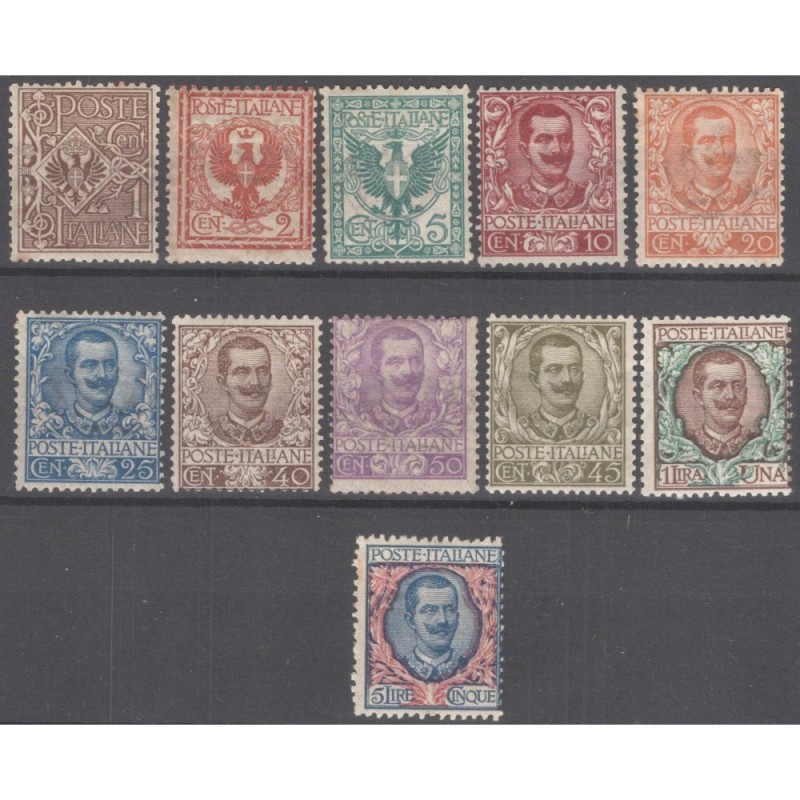 REGNO D'ITALIA 1901 FLOREALE 11 VALORI N.68-78 G.I MNH** / G.O MH* ...