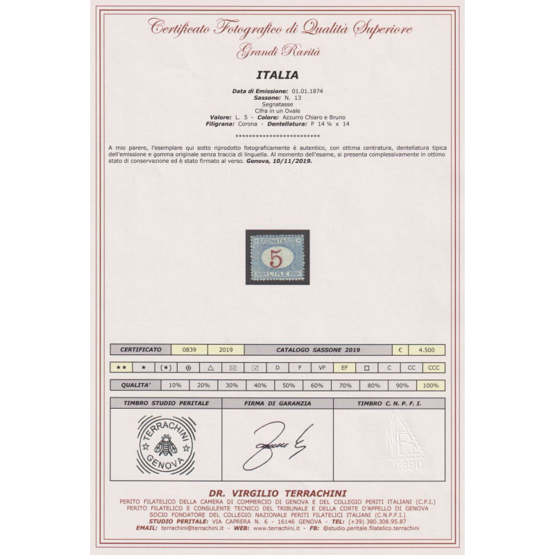 REGNO D'ITALIA 1870-74 SEGNATASSE 5 LIRE N.13 G.I MNH** CERT.  | Fi...