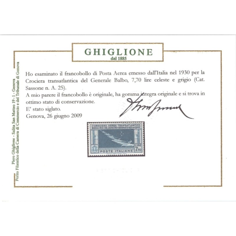 REGNO D'ITALIA 1930 P/A CROCIERA BALBO 7,70 LIRE N.25 G.I MNH** CER...