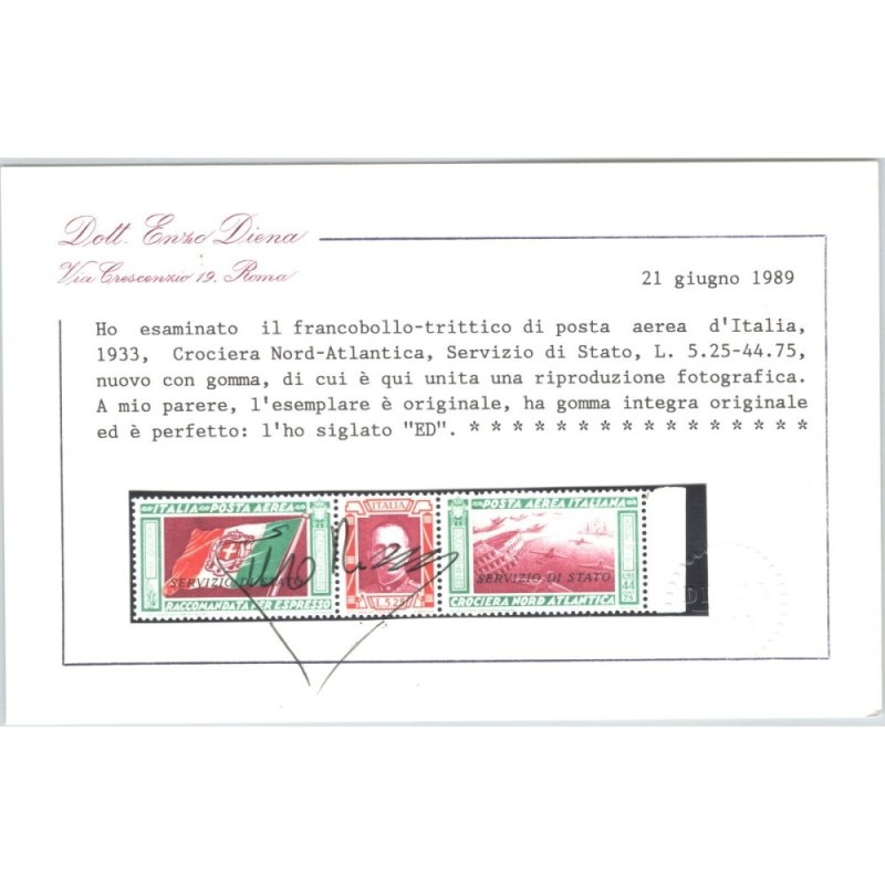 REGNO D'ITALIA 1933 TRITTICO SERVIZIO DI STATO FIL LETTERE N.1a G.I...