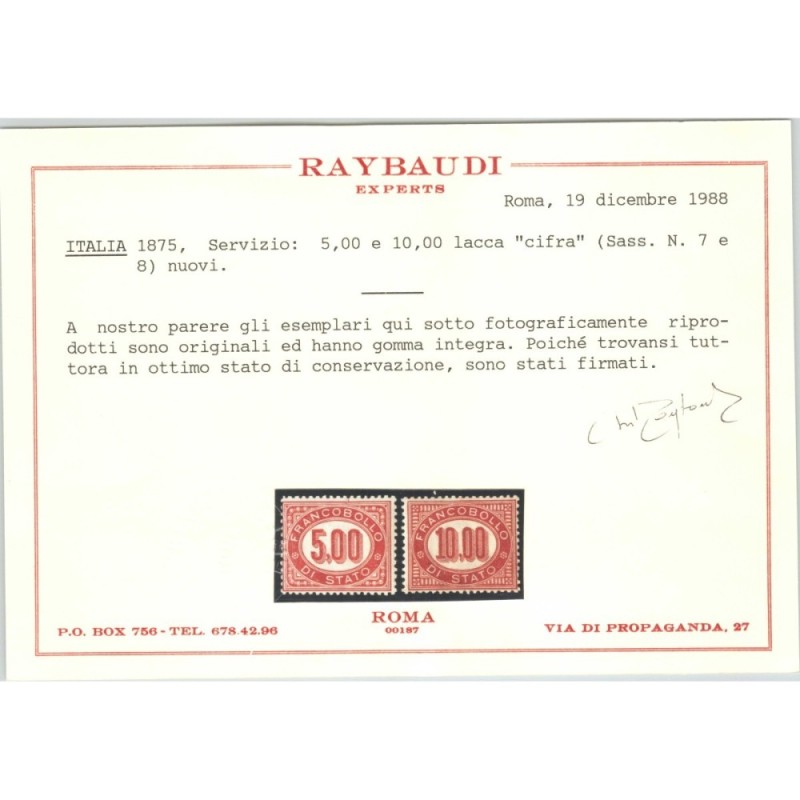 REGNO D'ITALIA 1875 FRANCOBOLLI DI SERVIZIO 8 V. G.I MNH** CERT.  |...