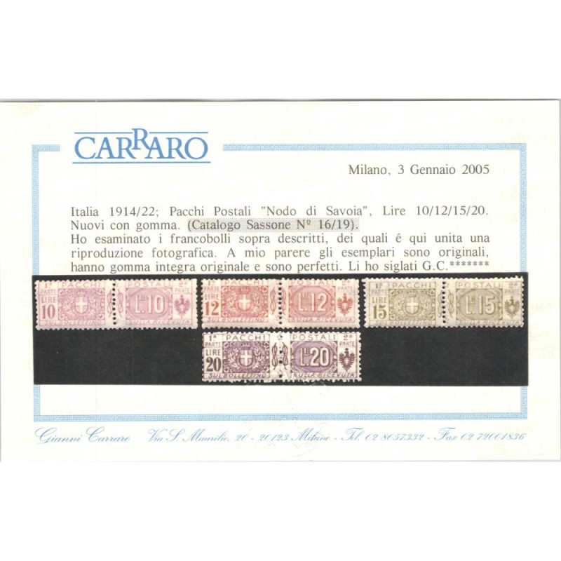 REGNO D'ITALIA 1914-22 PACCHI POSTALI NODO 13 VALORI G.I MNH** CERT...