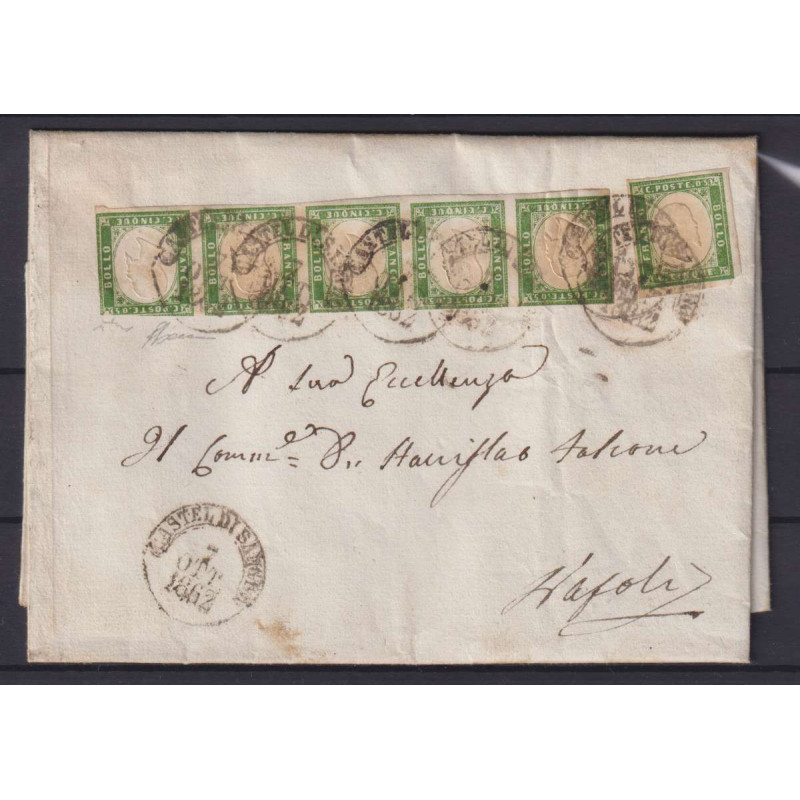 SARDEGNA 1862 STRISCIA DI 5 V. + 1 V. N.13D USATA SU BUSTA CERT.  |...