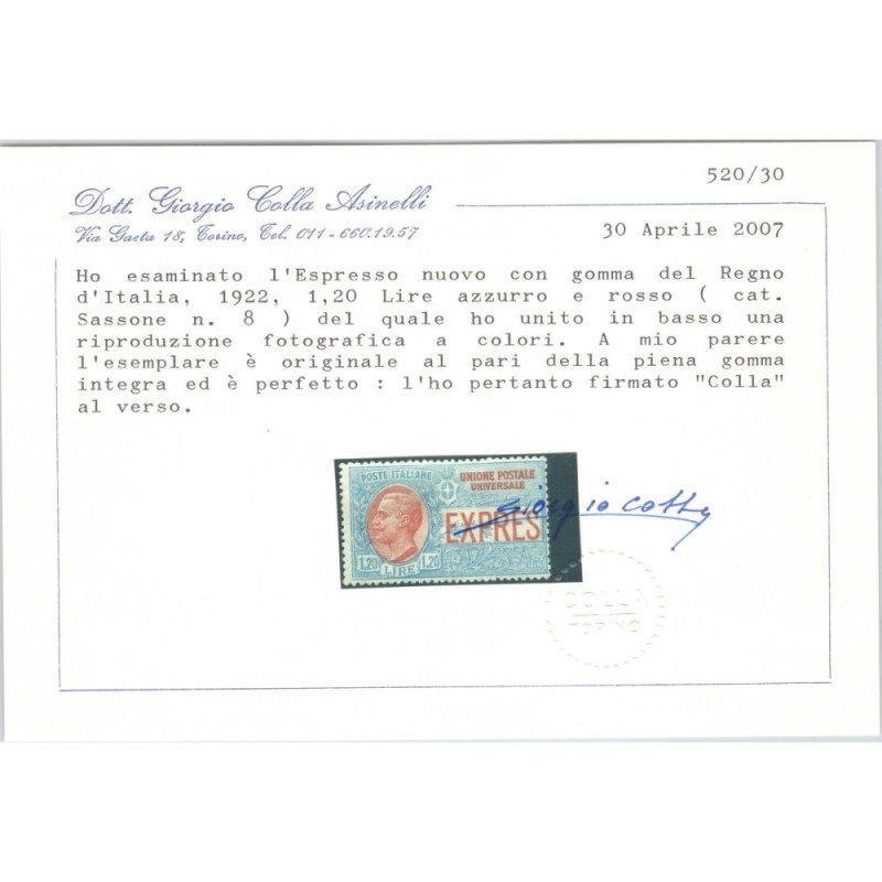 REGNO D'ITALIA 1922 ESPRESSO 1,20 LIRE N.8 G.I MNH** CERT.  | Filat...
