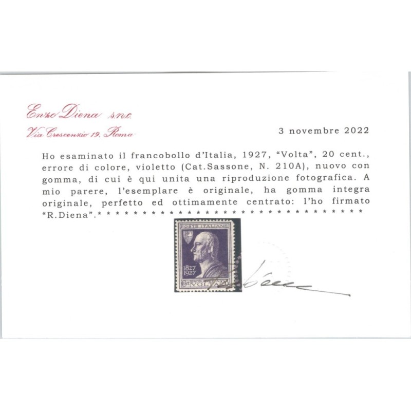 REGNO D'ITALIA 1927 VOLTA VIOLETTO N.210A G.I MNH** CENTRATO 2 CERT...