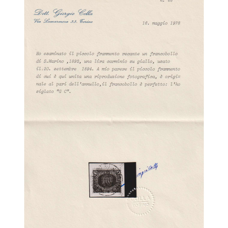 SAN MARINO 1892-94 STEMMA SERIE COMPLETA 11 V. N.12-22 USATI CERT. ...