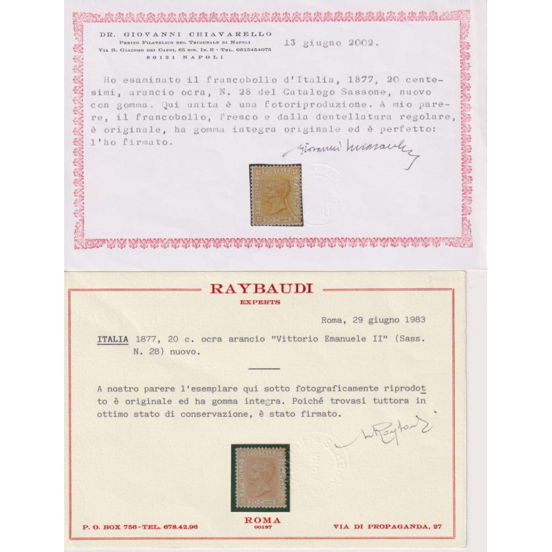 REGNO D'ITALIA 1877 20 CENTESIMI N.28 G.I MNH** 2 CERT.  | Filateli...