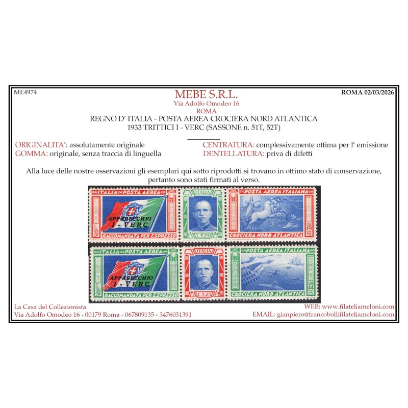 REGNO D'ITALIA 1933 TRITTICI CROCIERA NORD ATLANTICA I – VERC G.I M...