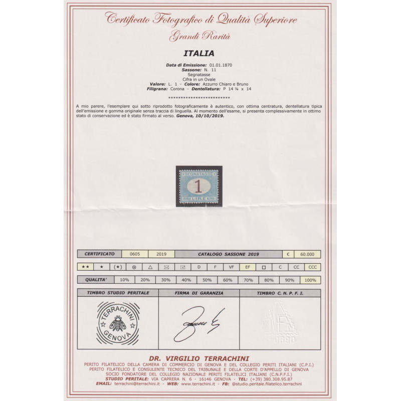 REGNO D'ITALIA 1870-74 SEGNATASSE 1 LIRA N.11 G.I MNH** CERT. CENTR...