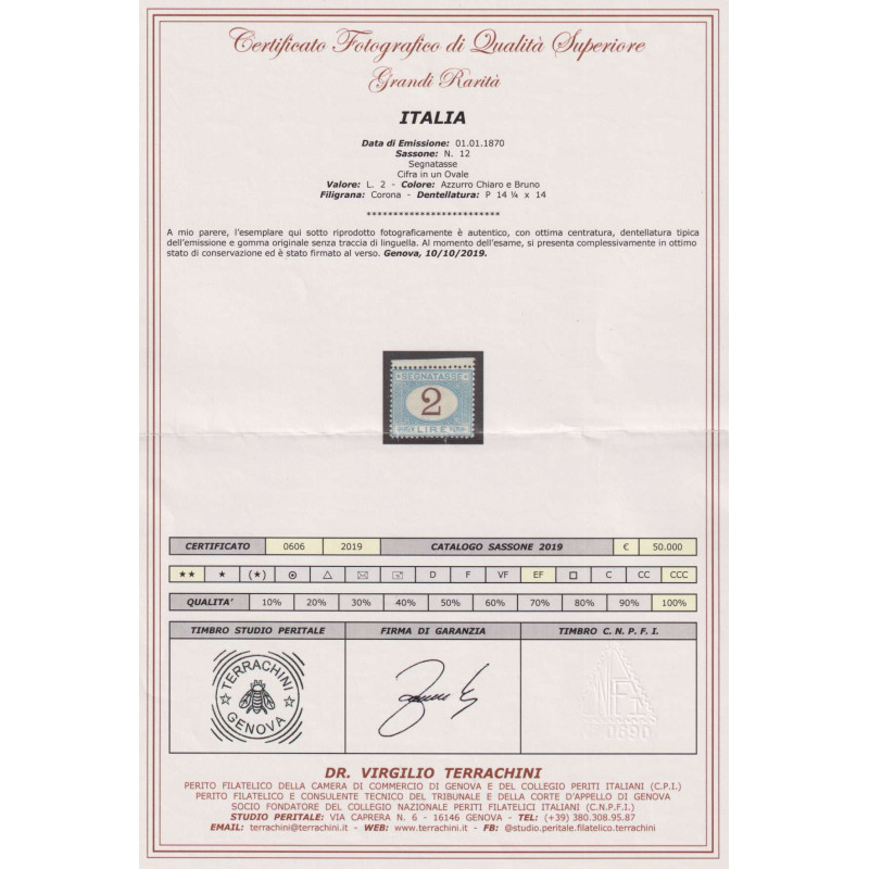 REGNO D'ITALIA 1870-74 SEGNATASSE 2 LIRE N.12 G.I MNH** CERT. CENTR...