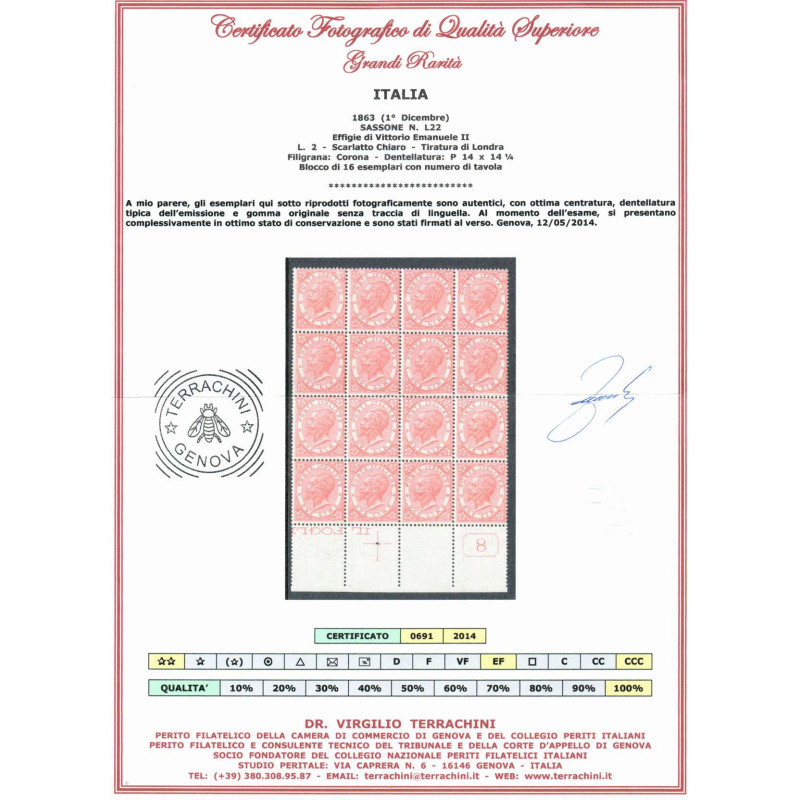 1863 REGNO 2 L. SCARLATTO TIR. LONDRA BLOCCO DA 16 N. TAVOLA CERT. ...