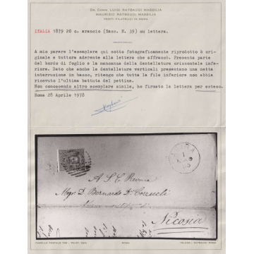 1879 REGNO 20 C. ARANCIO NON DENT. IN BASSO N.39 SU BUSTA VIAGGIATA...