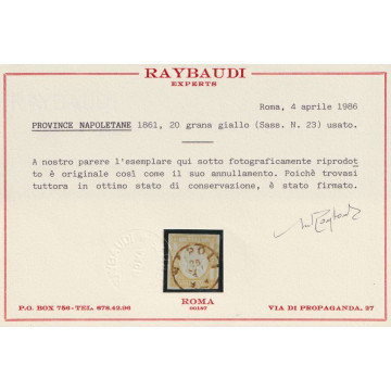 1861 PROVINCE NAPOLETANE 20 gr. GIALLO n. 23 US CERT.  | Filatelia ...