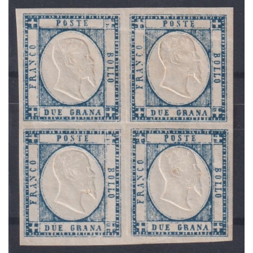 1861 PROVINCE NAPOLETANE 2 gr. AZZURRO ARDESIA n. 20c QUARTINA CERT...
