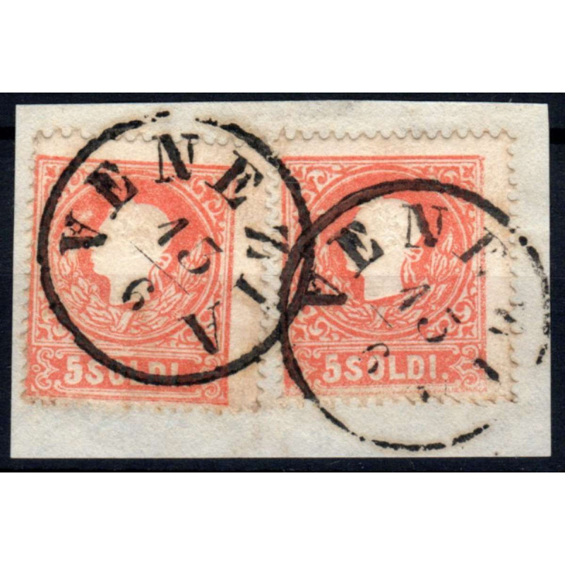 LOMBARDO VENETO 1859 5 SOLDI N.30 2 VALORI USATI SU FRAMM.  | Filat...