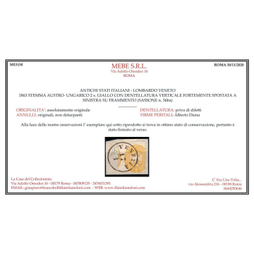 LOMBARDO VENETO 1863 2 SOLDI GIALLO N.36ba US SU FRAMMENTO CERT.  |...