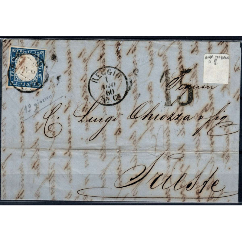 SARDEGNA 1860 20 CENTESIMI US SU BUSTA ANNULLO REGGIO P.8  | Filate...