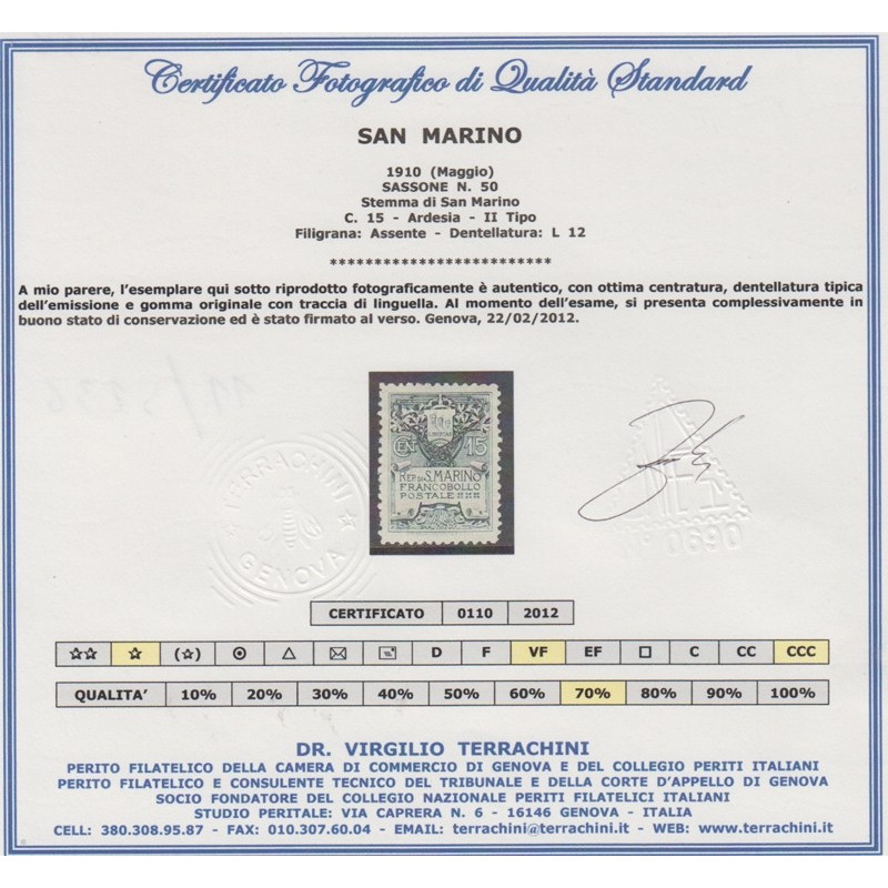 1910 1 E 15 CENT. STEMMA DI SAN MARINO CENTRATISSIMI E CERTIFICATI ...