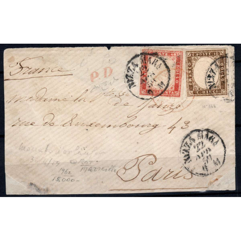 SARDEGNA 1858 10 C. N.14b + 40 C. N.16Ac + ANNULLO VAPORE USATI CER...