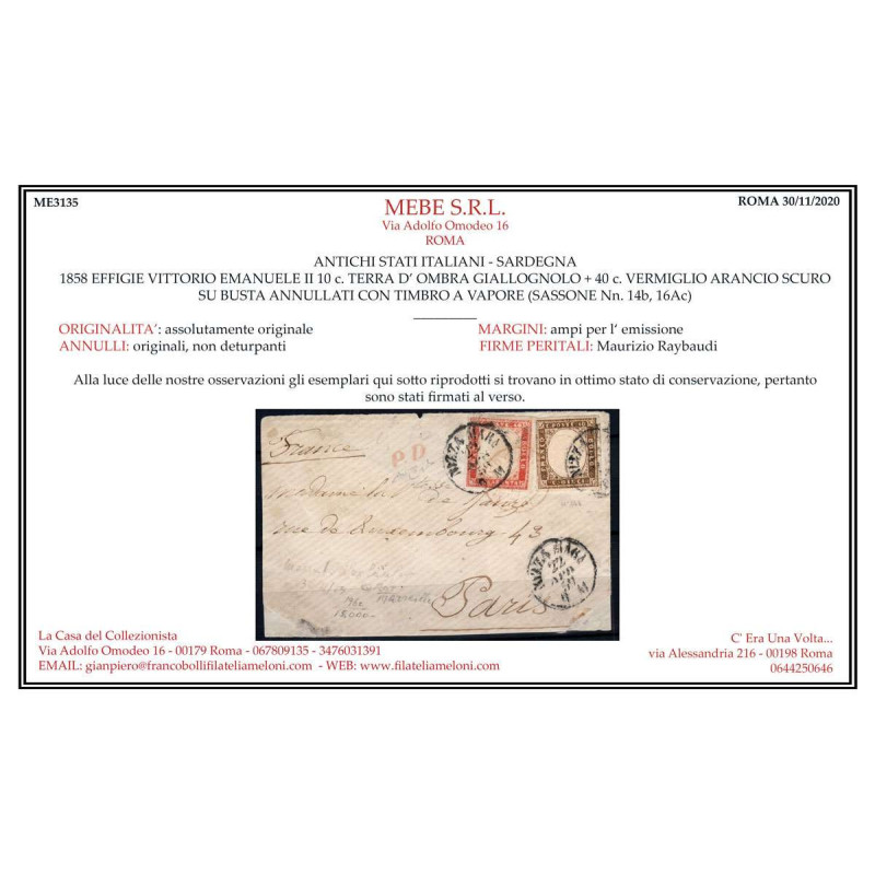 SARDEGNA 1858 10 C. N.14b + 40 C. N.16Ac + ANNULLO VAPORE USATI CER...
