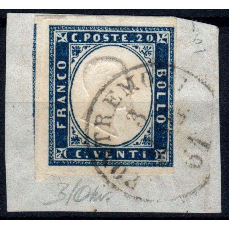 SARDEGNA 1861 20 CENTESIMI N.15Dd COBALTO GRIGIASTRO US. SU FRAMMEN...