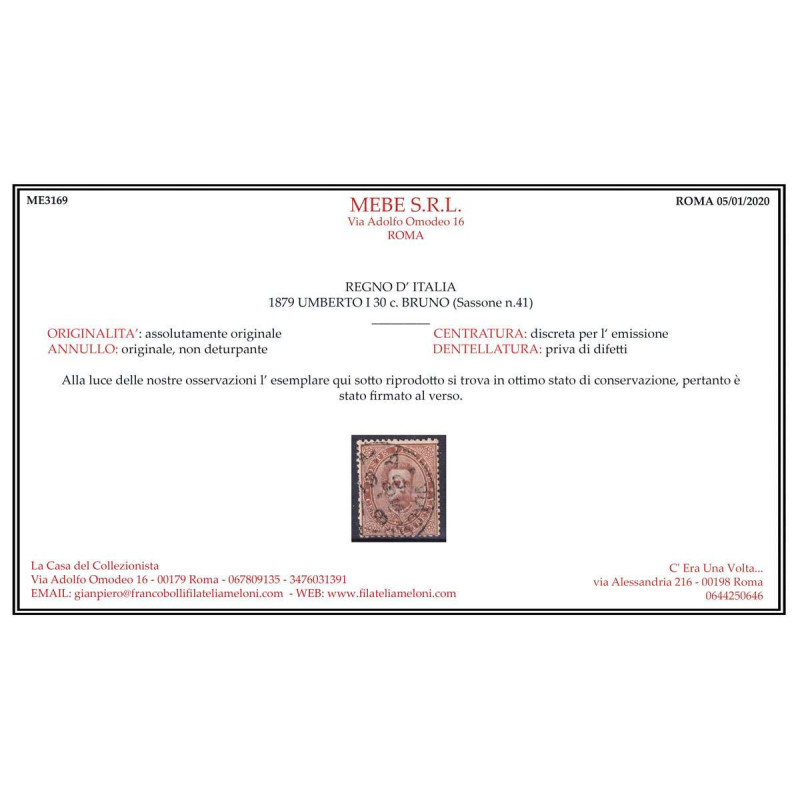 REGNO D' ITALIA 1879 UMBERTO I 7 VALORI N.37-43 USATI CERT.  | Fila...