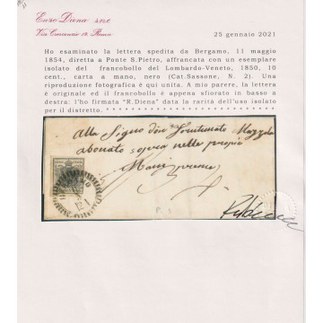 LOMBARDO VENETO 1850 10 CENTESIMI N.2 SU BUSTA ISOLATO PER DISTRETT...