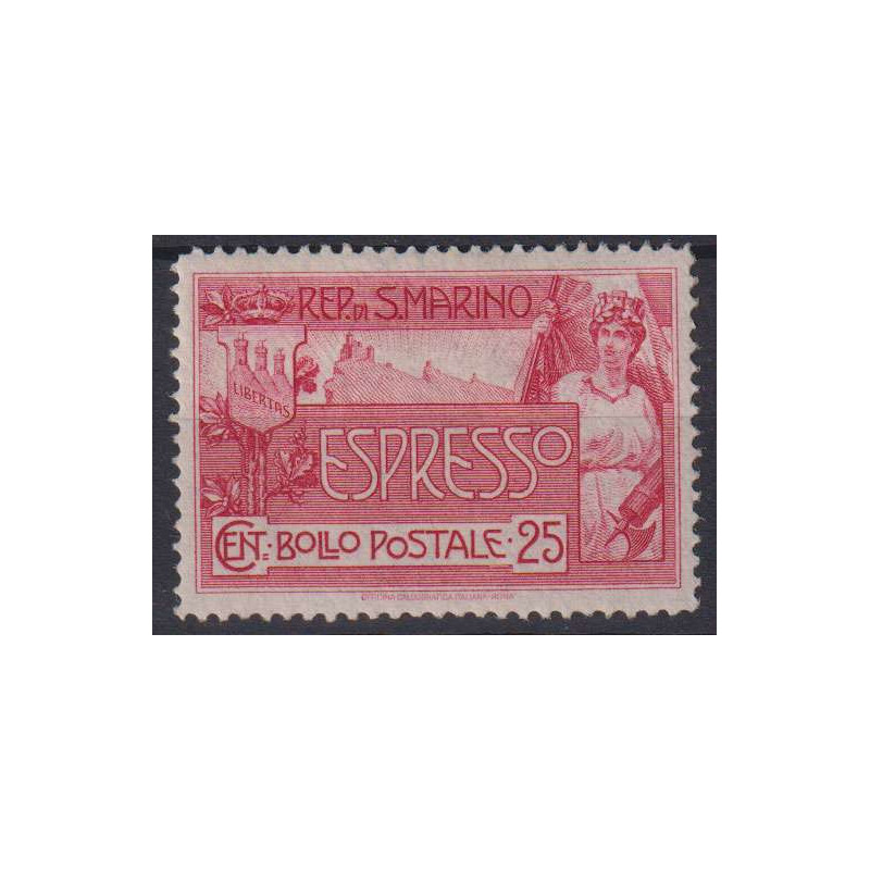 SAN MARINO 1907 ESPRESSO 25 CENTESIMI N.1 G.I MNH** CENTRATO  | Fil...