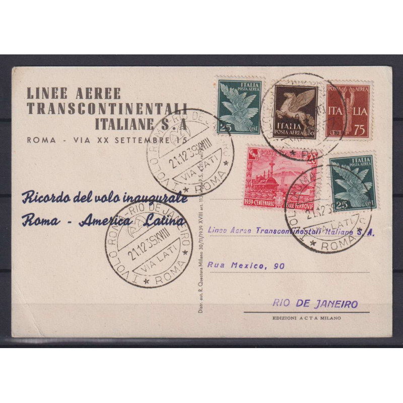 REGNO 1939 VOLO ROMA RIO DE JANEIRO SU RARA CARTOLINA BOCCASILE  | ...