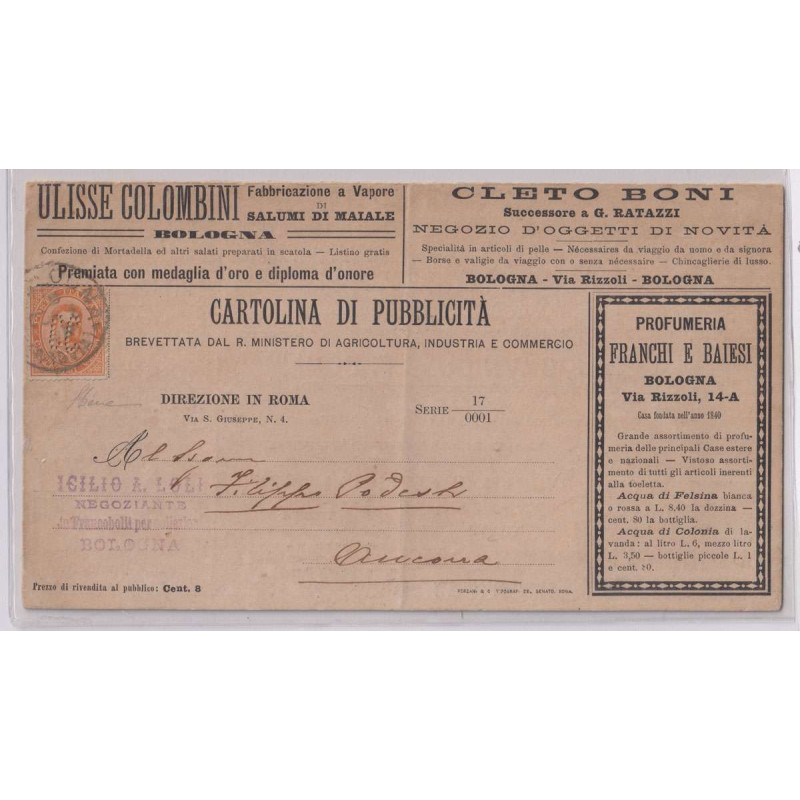 REGNO 1889 FRANCALETTERE UMBERTO 20 C. PERF. CC N.1 US SU BUSTA CER...