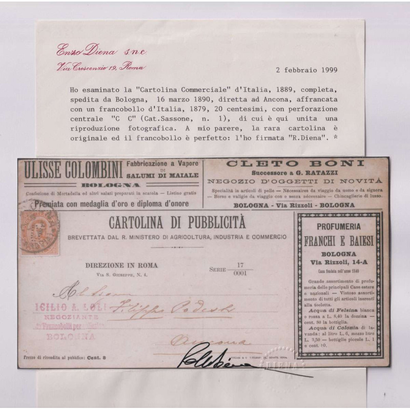 REGNO 1889 FRANCALETTERE UMBERTO 20 C. PERF. CC N.1 US SU BUSTA CER...