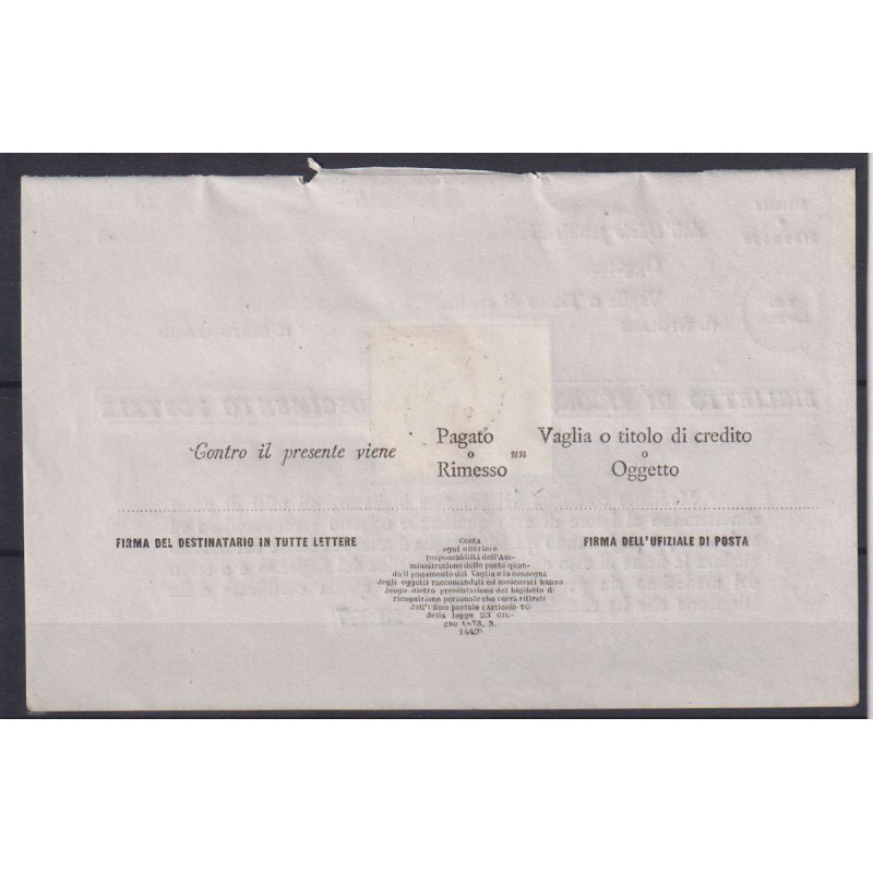 REGNO 1874 RICOGNIZIONE POSTALE N.1 US SU PAGINA COMPLETA LIBRETTO ...