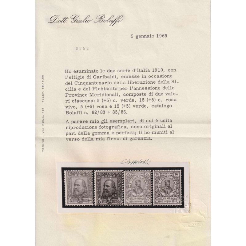 REGNO D'ITALIA 1910 GARIBALDI 4 VALORI G.O MLH* CERT.  | Filatelia ...