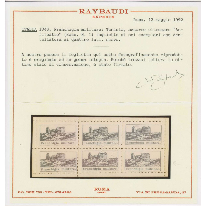 REGNO 1943 FRANCHIGIA MILITARE AZZURRO N.1 G.I MNH** CERT.  | Filat...
