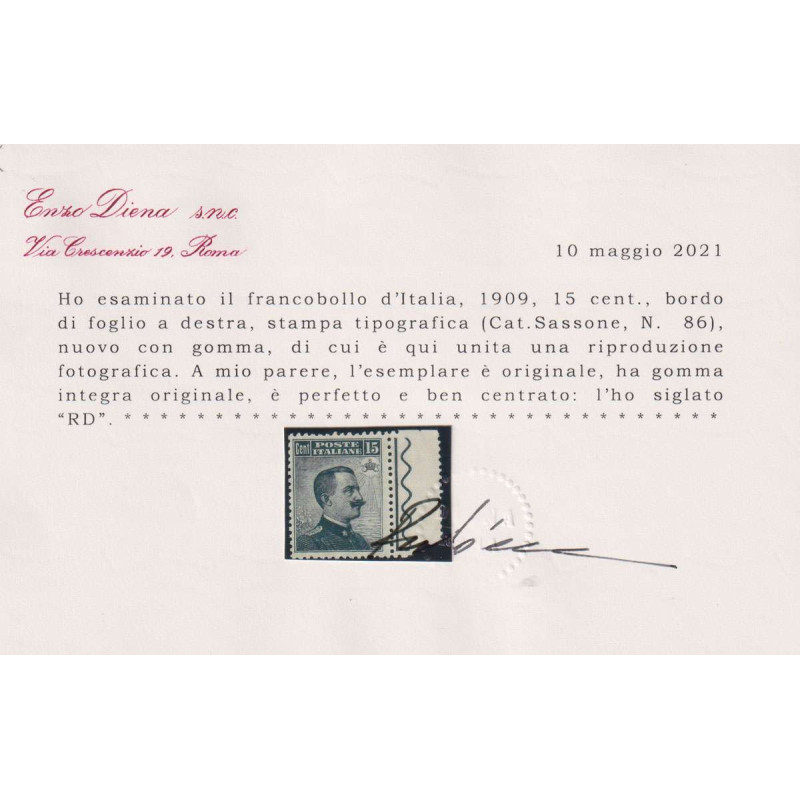 REGNO D'ITALIA 1909 MICHETTI 15 CENTESIMI N.86 G.I MNH** CERT. BEN ...