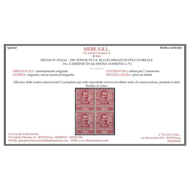 REGNO 1901 QUARTINA FLOREALE 10 CENTESIMI N.71 G.I MNH** CERT. CENT...