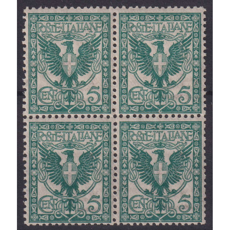 REGNO 1901 QUARTINA FLOREALE 5 CENTESIMI N.70 G.I MNH** CERT.  | Fi...
